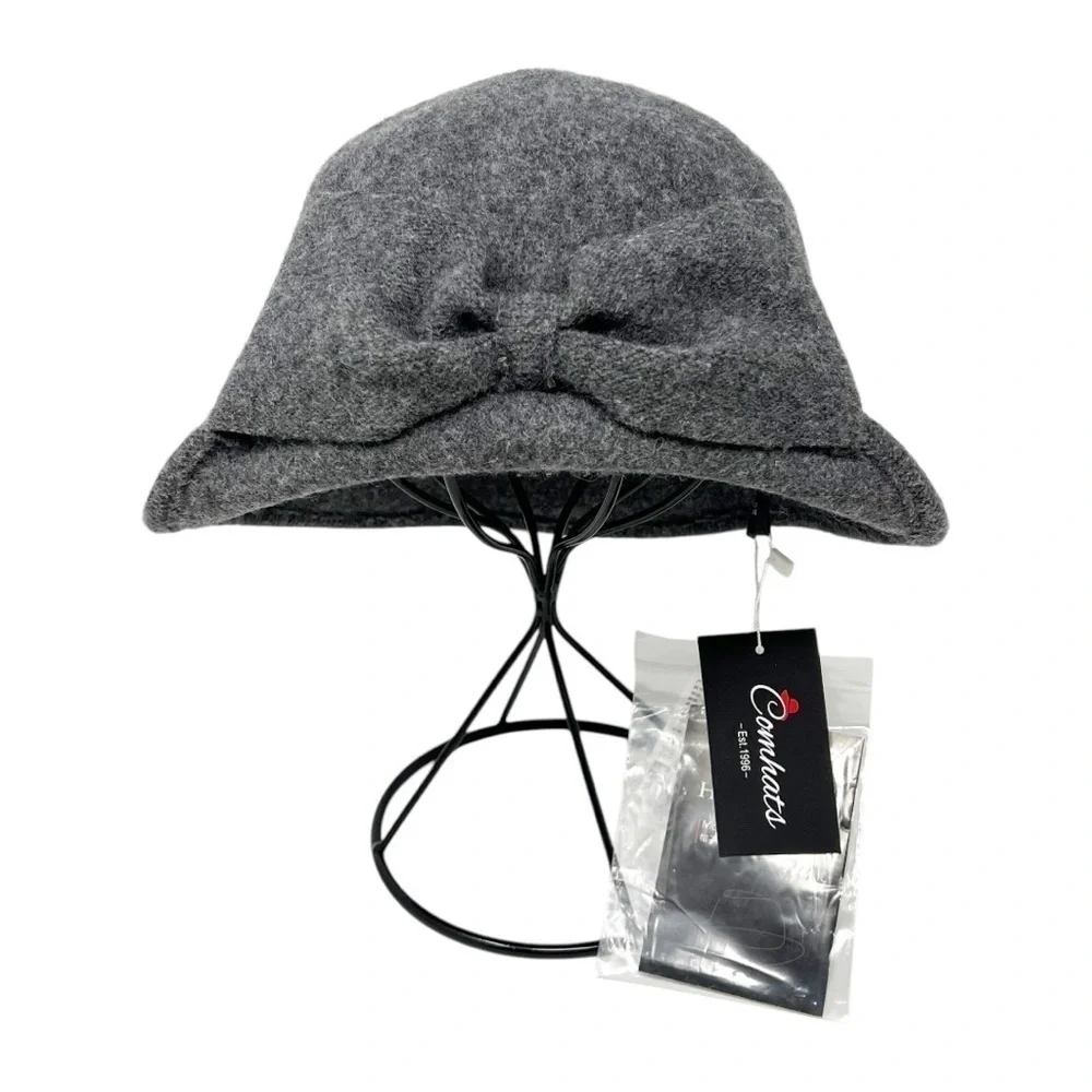 NWT Comhats Gray Wool Blend Bow Front Bucket Hat Size Medium